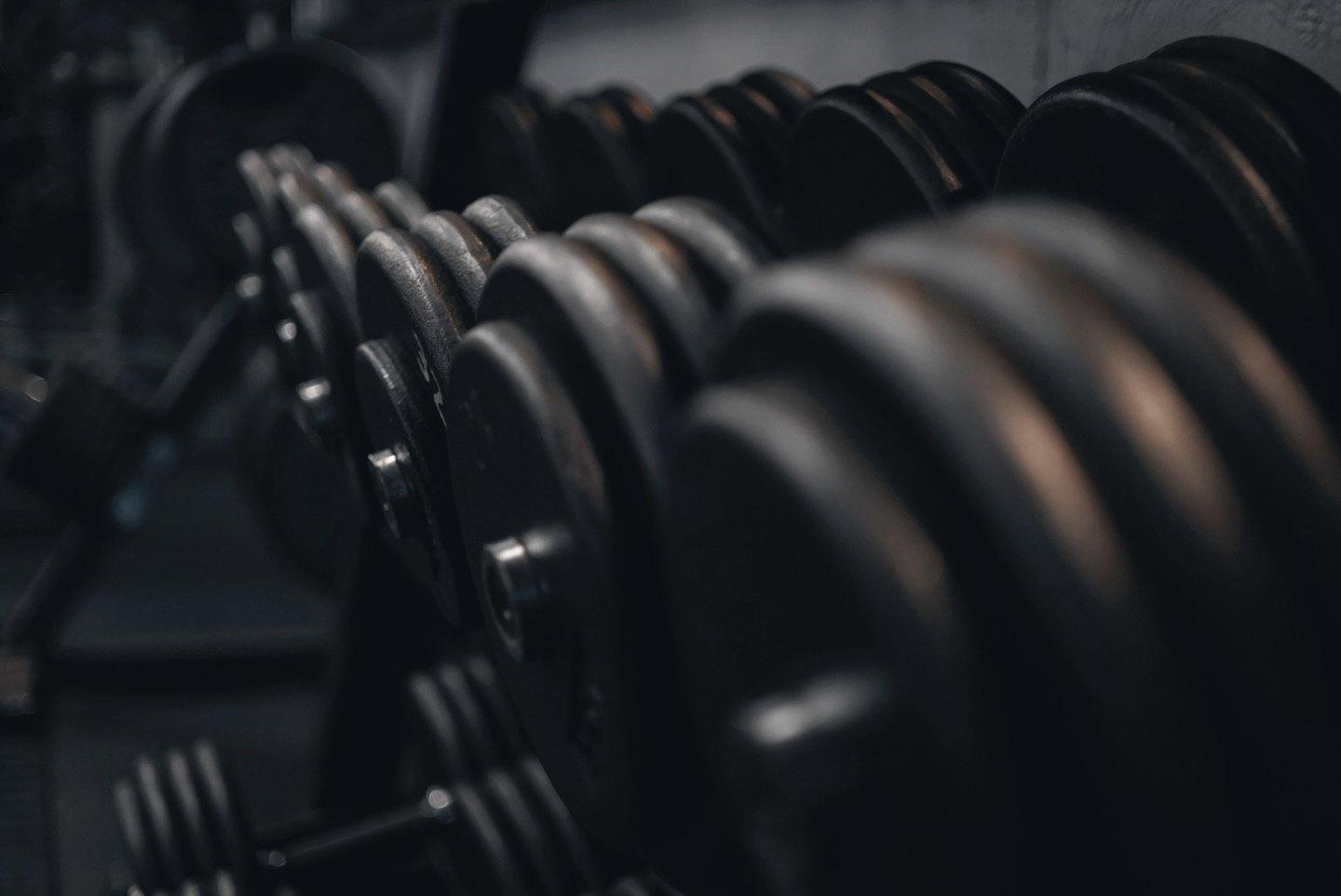 Rows of iron dumbbells on the rack