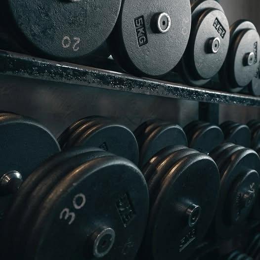 Close-up of iron dumbbells with 30 on the end